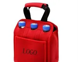Red neoprene picnic cooler bag with bottle slots